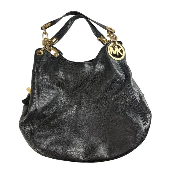 Michael Kors MK FULTON Shoulder Bag Tote Large Black Leather Gold Hardware - Picture 1 of 8